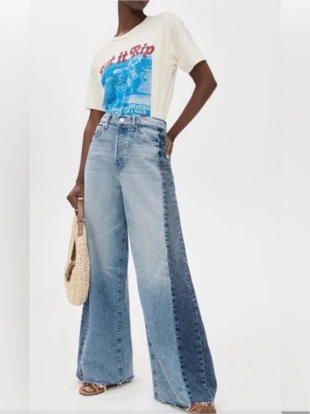 MOTHER Two-Tone Blue Wide-Leg Jeans with Dark Side Panels